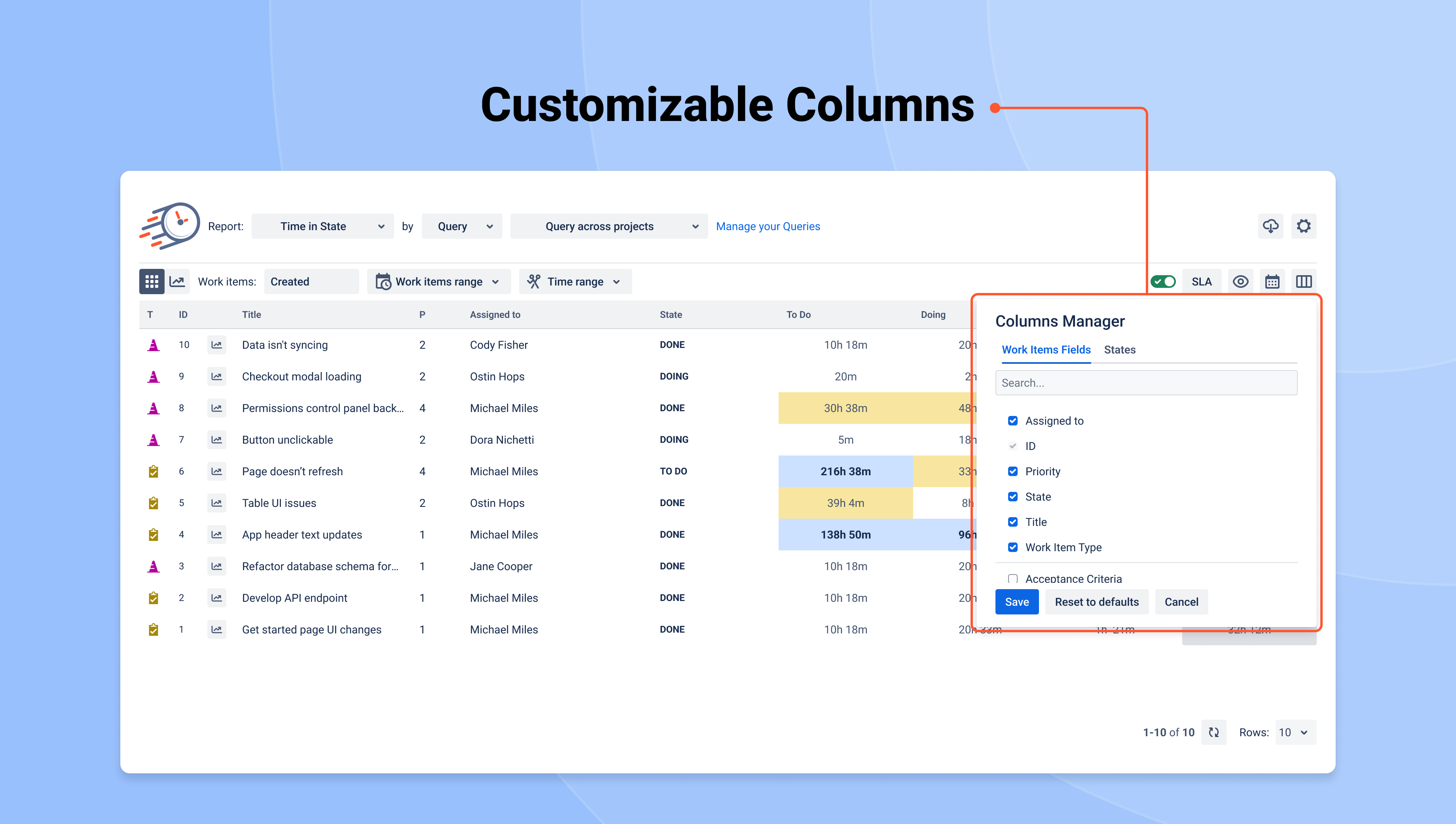 Screenshot of showing Column functionality