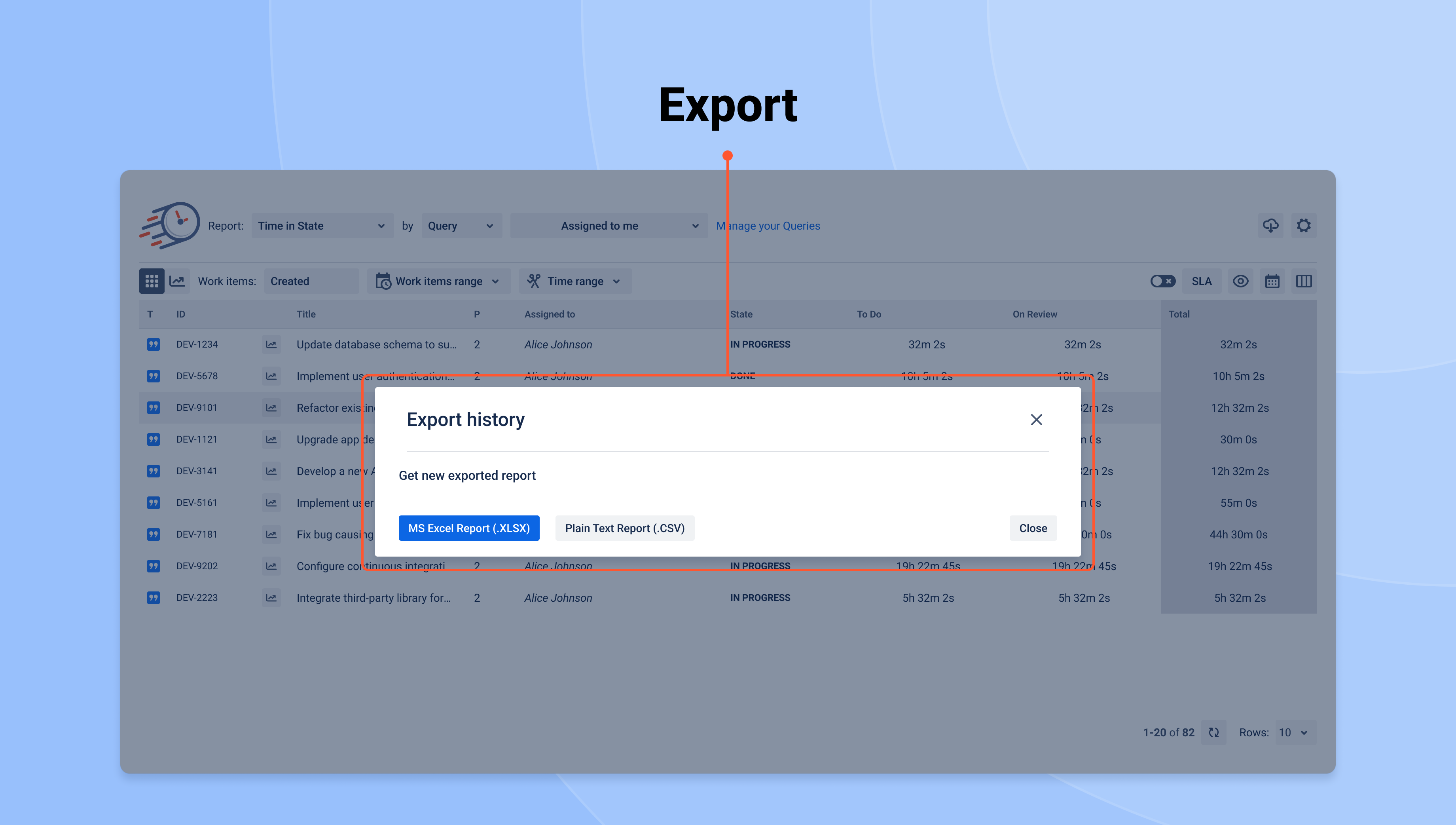 Screenshot of showing Export functionality